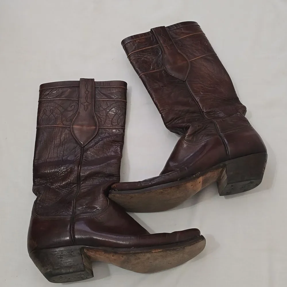 VTG Lucchese Biltrite men's Brown Leather Square Toe Cowboy Boots 9.5D Western